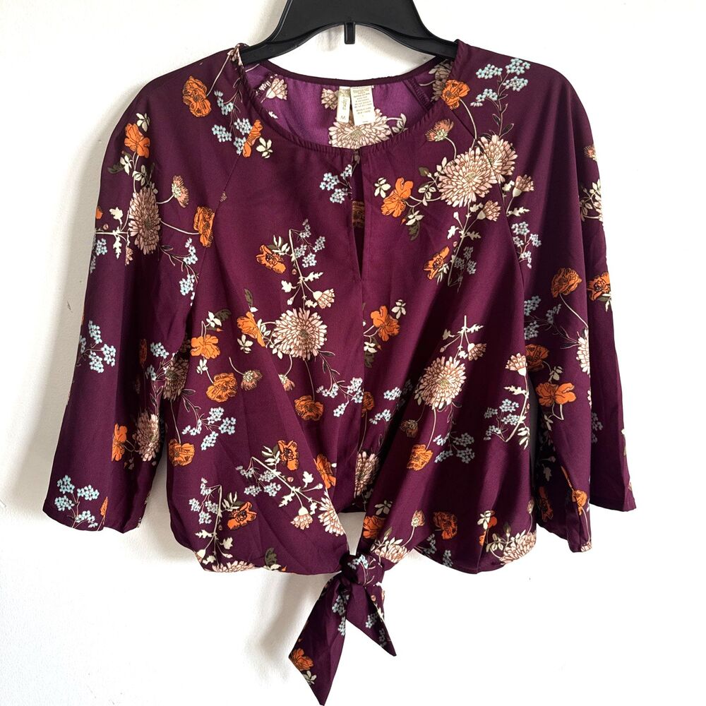 Women’s Burgundy Floral Top Tie Waist Casual Blouse M
